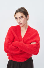 Load image into Gallery viewer, Red sweater on a light gray background. This relaxed edge to edge cardigan from American Vintage is a great go to knit to throw over a T-shirt or shirt. It is made from a lightweight and warm Italian yarn blend. Available at aprilmae - a womenswear boutique located in Chiswick west London specialising in contemporary, everyday clothing for women.  Visit our shop on Devonshire Road W4 for the latest arrivals from brands including Rains, Rails, Bellerose, Bonte, Vanessa Bruno, Hartford and Colorful Standard.
