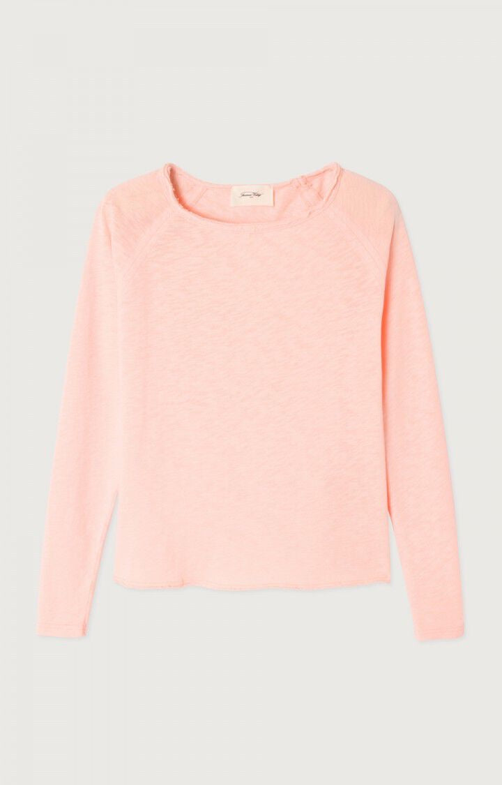 Pink long-sleeve top on a light gray background. The Sonoma long sleeve T-shirt from American Vintage looks great on its own or layered. It is made from a heavyweight authentic slub cotton and is soft and warm. Featuring raw edge detailing, the Sonoma has a laid-back vibe. Available at aprilmae - a womenswear boutique located in Chiswick west London specialising in contemporary, everyday clothing for women.  Visit our shop on Devonshire Road W4 for the latest arrivals.
