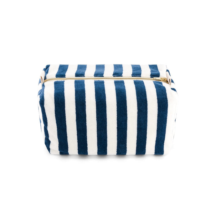 Navy and white striped toiletry pouch with a gold zipper on a white background by Rose in April. Available at aprilmae - a womenswear boutique located in Chiswick west London specialising in contemporary, everyday clothing for women.  Visit our shop on Devonshire Road W4 for the latest arrivals from brands including Rains, Rails, Bellerose, Bonte, Vanessa Bruno, Hartford and Colorful Standard.