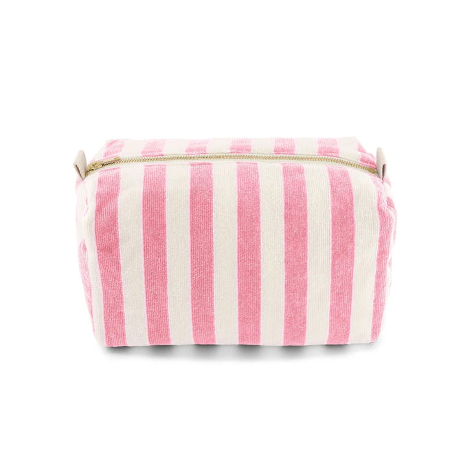 Pink and white striped Terry toiletry pouch on a white background by Rose in April. Available at aprilmae - a womenswear boutique located in Chiswick west London specialising in contemporary, everyday clothing for women.  Visit our shop on Devonshire Road W4 for the latest arrivals from brands including Rains, Rails, Bellerose, Bonte, Vanessa Bruno, Hartford and Colorful Standard.