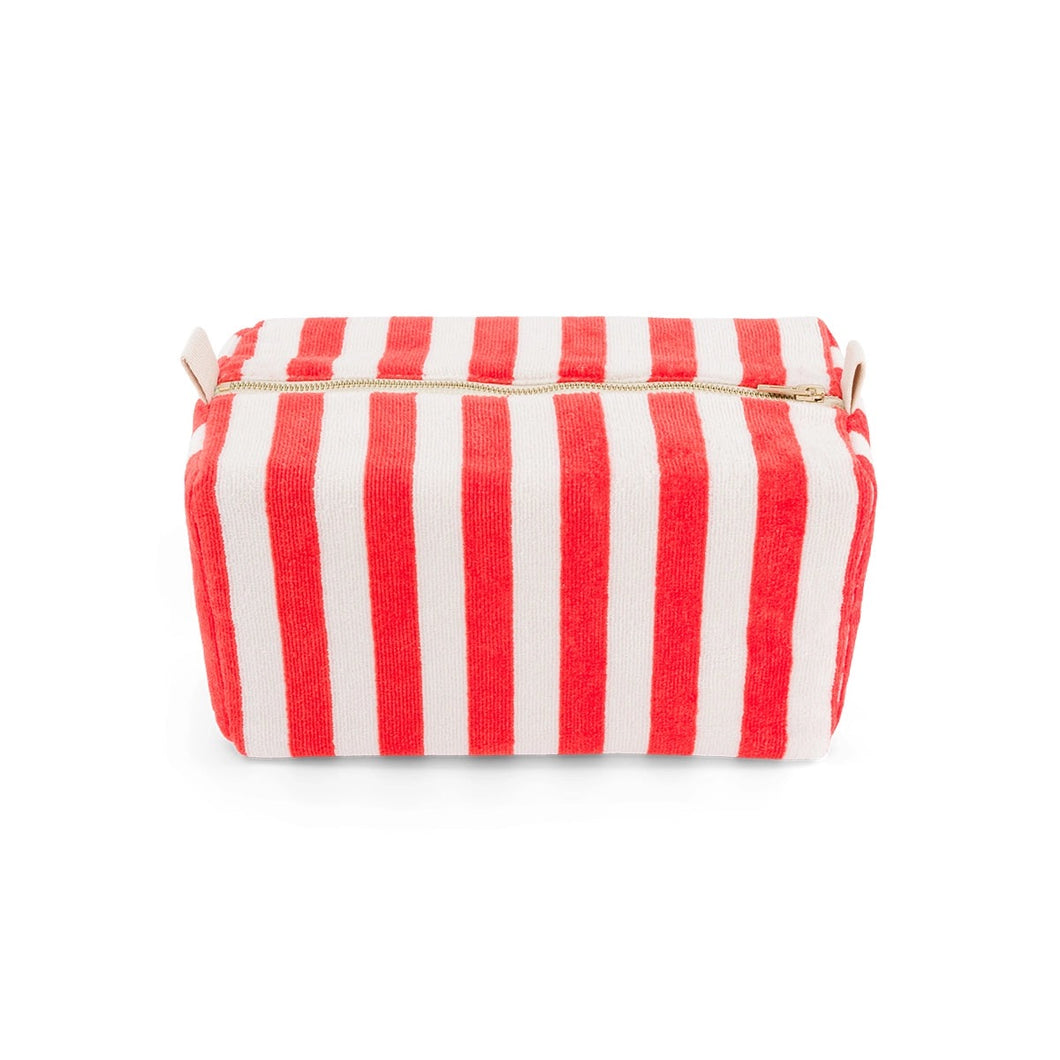 Red and white striped Terry toiletry pouch on a white background by Rose in April. Available at aprilmae - a womenswear boutique located in Chiswick west London specialising in contemporary, everyday clothing for women.  Visit our shop on Devonshire Road W4 for the latest arrivals from brands including Rains, Rails, Bellerose, Bonte, Vanessa Bruno, Hartford and Colorful Standard.