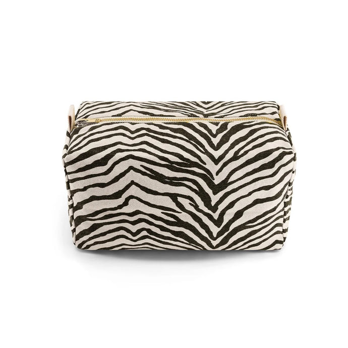 Zebra print toiletry pouch with a gold zipper on a white background from Rose in April. Available at aprilmae - a womenswear boutique located in Chiswick west London specialising in contemporary, everyday clothing for women.  Visit our shop on Devonshire Road W4 for the latest arrivals from brands including Rains, Rails, Bellerose, Bonte, Vanessa Bruno, Hartford and Colorful Standard.