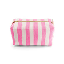 Load image into Gallery viewer, Pink and white striped toiletry pouch with a gold zipper on a white background by ROSE IN APRIL. Available at aprilmae - a womenswear boutique located in Chiswick west London specialising in contemporary, everyday clothing for women.  Visit our shop on Devonshire Road W4 for the latest arrivals from brands including Rains, Rails, Bellerose, Bonte, Vanessa Bruno, Hartford and Colorful Standard.
