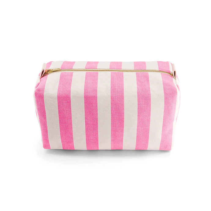 Pink and white striped toiletry pouch with a gold zipper on a white background by ROSE IN APRIL. Available at aprilmae - a womenswear boutique located in Chiswick west London specialising in contemporary, everyday clothing for women.  Visit our shop on Devonshire Road W4 for the latest arrivals from brands including Rains, Rails, Bellerose, Bonte, Vanessa Bruno, Hartford and Colorful Standard.
