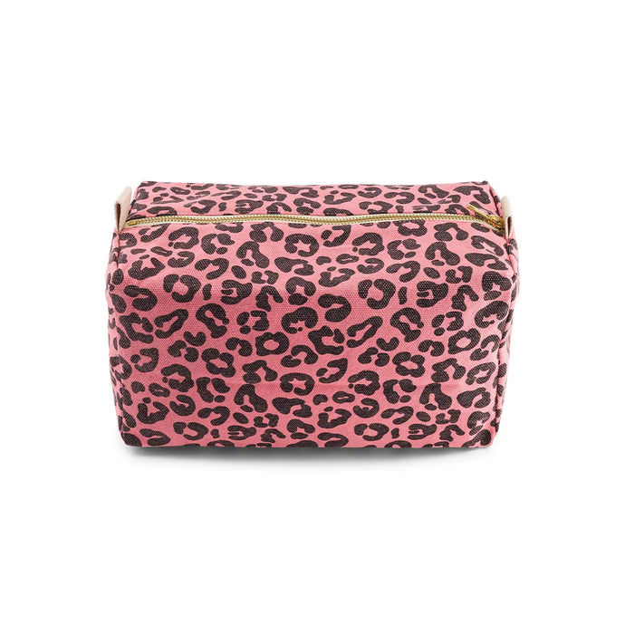 Pink cosmetic / toiletry bag with black leopard print pattern on a white background by Rose in April. Available at aprilmae - a womenswear boutique located in Chiswick west London specialising in contemporary, everyday clothing for women.  Visit our shop on Devonshire Road W4 for the latest arrivals from brands including Rains, Rails, Bellerose, Bonte, Vanessa Bruno, Hartford and Colorful Standard.