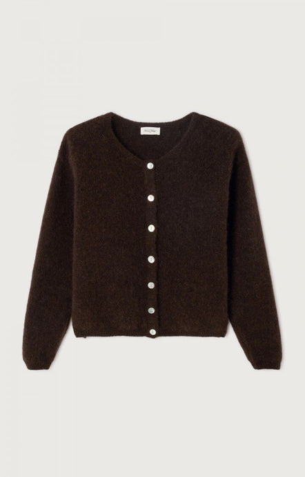 American Vintage Brown cardigan with white buttons on a light gray background. Available at aprilmae - a womenswear boutique located in Chiswick west London specialising in contemporary, everyday clothing for women.  Visit our shop on Devonshire Road W4 for the latest arrivals from brands including Rains, Rails, Bellerose, Bonte, Vanessa Bruno, Hartford and Colorful Standard.