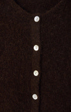 Load image into Gallery viewer, Close-up of a dark brown American Vintage cardigan with white buttons. Available at aprilmae - a womenswear boutique located in Chiswick west London specialising in contemporary, everyday clothing for women.  Visit our shop on Devonshire Road W4 for the latest arrivals from brands including Rains, Rails, Bellerose, Bonte, Vanessa Bruno, Hartford and Colorful Standard.
