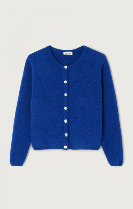 American Vintage Vitow Royal Blue cardigan on a light gray background. Available at aprilmae - a womenswear boutique located in Chiswick west London specialising in contemporary, everyday clothing for women.  Visit our shop on Devonshire Road W4 for the latest arrivals from brands including Rains, Rails, Bellerose, Bonte, Vanessa Bruno, Hartford and Colorful Standard.