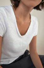 Load image into Gallery viewer, The Sonoma white V-neck T-shirt from American Vintage looks great on its own or layered. It is made from a heavyweight authentic slub cotton and is soft and warm. Featuring raw edge detailing, the Sonoma has a laid-back vibe. Available at aprilmae - a womenswear boutique located in Chiswick west London specialising in contemporary, everyday clothing for women.  Visit our shop on Devonshire Road W4 for the latest arrivals from brands including Rains, Rails, Bellerose, Bonte, Vanessa Bruno and Hartford.
