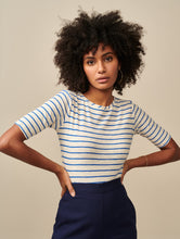Load image into Gallery viewer, The Seas T-Shirt in nautical stripe from Bellerose is the ideal T-shirt for tucking in to a pair of jeans or a skirt. It features a slimmer fitting shape, boat neck, elbow length sleeves in a light and breezy fabric. Aprilmae contemporary designer womenswear in Chiswick.
